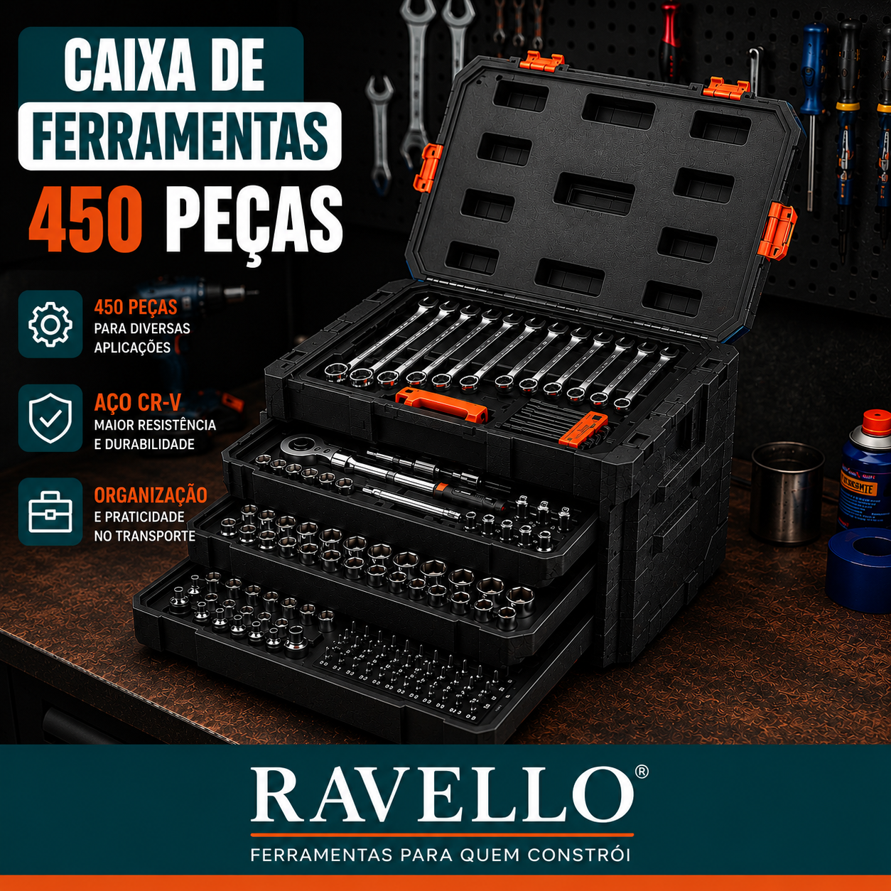 Caixa de Ferramentas Completa com 450 Peças em Aço Inoxidável